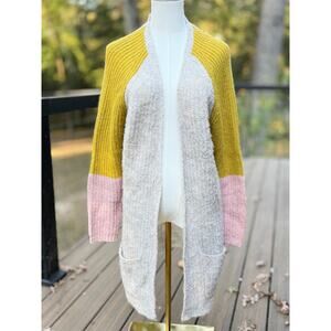 Anthropologie Pepin Colorblock Open Cardigan Sweater Mustard Pink Ivory Small